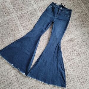 EUC FP We The Free Mid Rise Full Length Bell Bottom Ultra Flare Jeans Frayed Hem